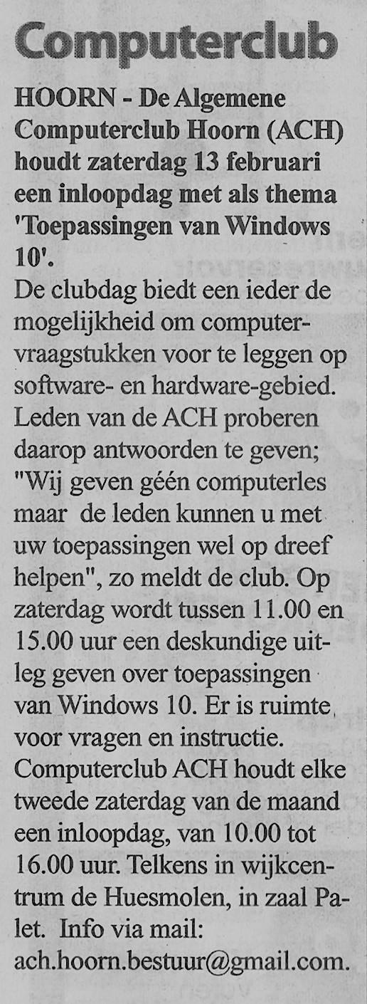 ACH Computerclub Hoorn workshop Windows 10 toepassingen februari 2016