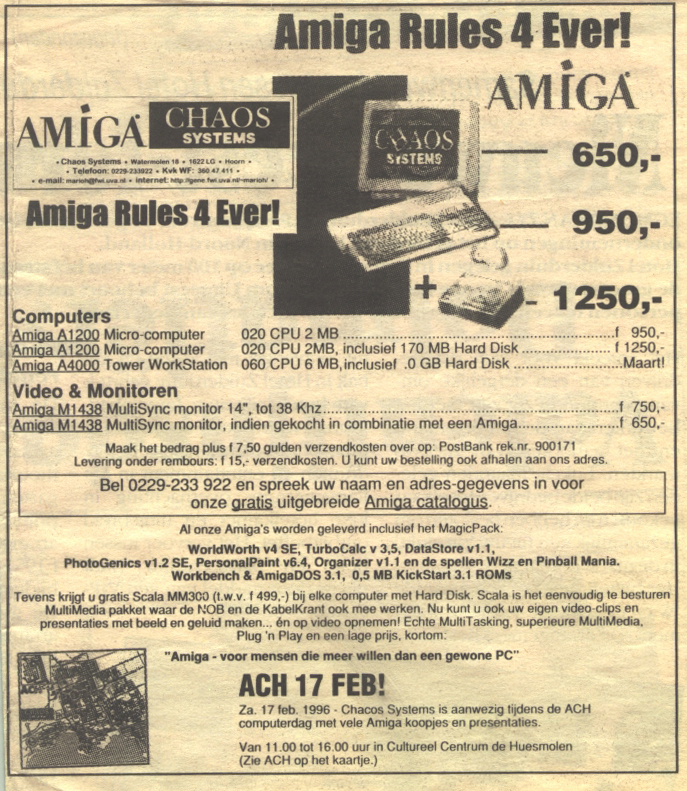 Krantenadvertentie Amiga Club Hoorn in samenwerking met Chaos Systems, 1996